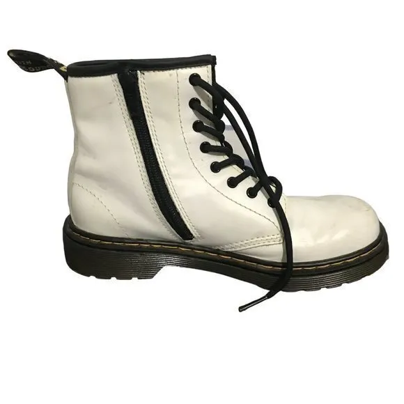 Dr Doc Martens 1460J Combat Boots Youth‎ Size 3 White Leather Lace Up Side Zip