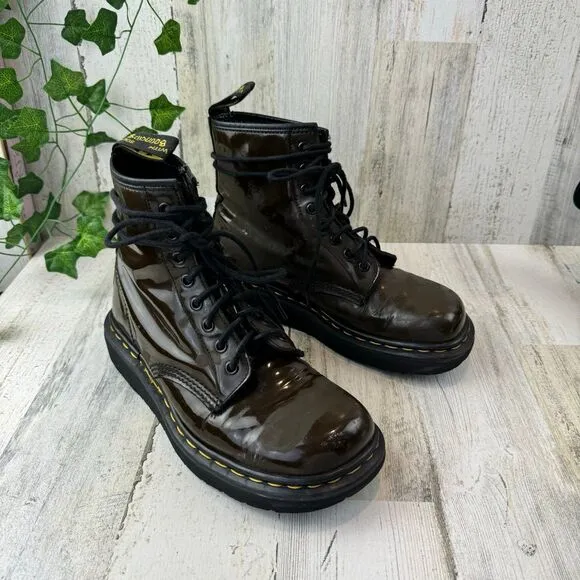 Dr. Marten Air Wair olive green Glossy Patent Leather Combat Boots 9