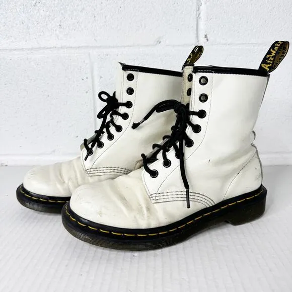 Dr Martens 1460 Combat Boots Womens Smooth Leather White Lace Up Size 7