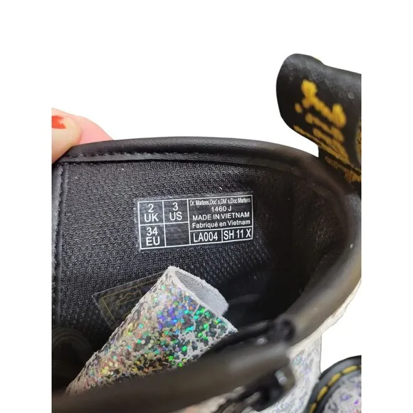 Dr. Martens 1460 Silver Disco Crinkle Lace Up Side Zip Combat Boots Kid’s 3 NEW