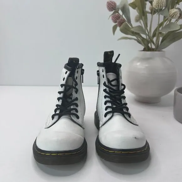 Dr Martens 1460T Combat Lace Up Zip Leather Boots White AW004 Kids US 8