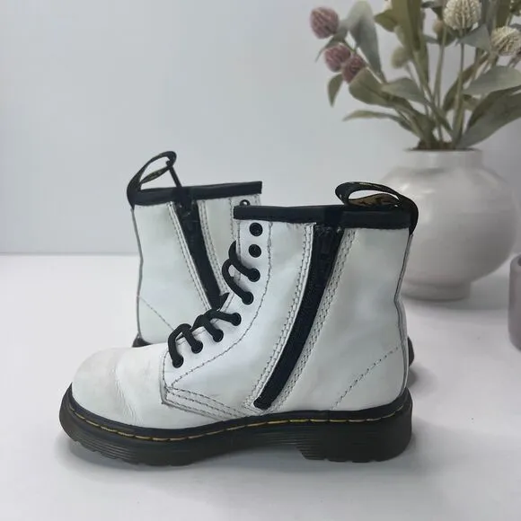 Dr Martens 1460T Combat Lace Up Zip Leather Boots White AW004 Kids US 8