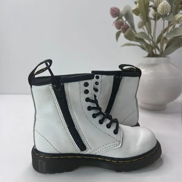 Dr Martens 1460T Combat Lace Up Zip Leather Boots White AW004 Kids US 8