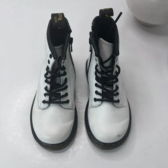 Dr Martens 1460T Combat Lace Up Zip Leather Boots White AW004 Kids US 8