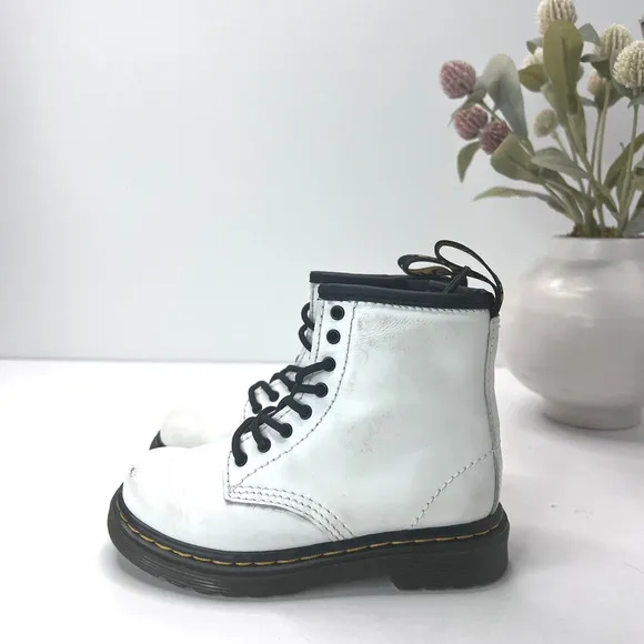 Dr Martens 1460T Combat Lace Up Zip Leather Boots White AW004 Kids US 8