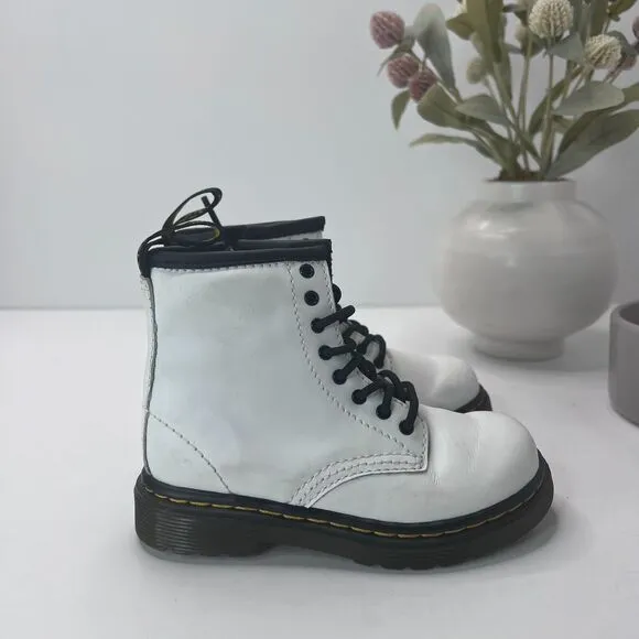 Dr Martens 1460T Combat Lace Up Zip Leather Boots White AW004 Kids US 8