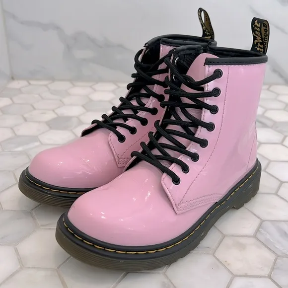 Dr Martens 1460T Pink Shiny Patent Leather Lace Up Combat Boots Girls Size 3
