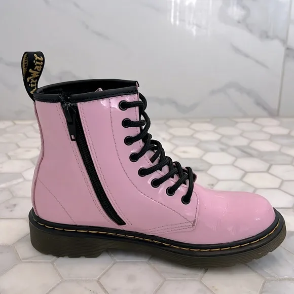 Dr Martens 1460T Pink Shiny Patent Leather Lace Up Combat Boots Girls Size 3