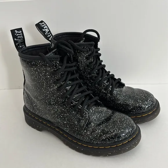 Dr. Martens Black Cosmic Glitter Combat Lace Up Boots 1460 J‎ Girls Size 1 NEW