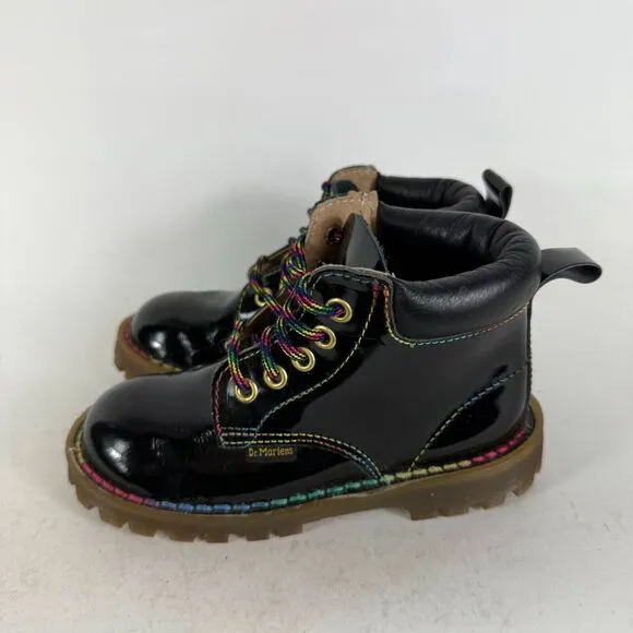 Dr. Martens Boots Kids 10 Black Patent Leather Lace-Up Round Toe Hiking