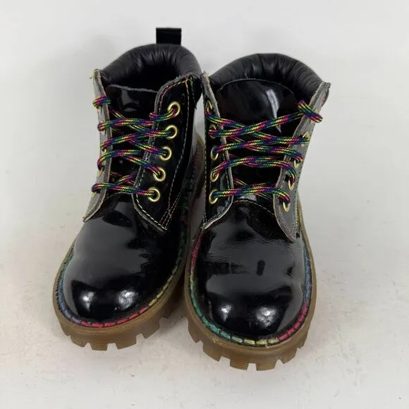 Dr. Martens Boots Kids 10 Black Patent Leather Lace-Up Round Toe Hiking