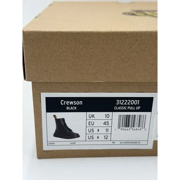 Dr. Martens Crewson Black Leather Lace-up Boots Mens Size 11 /Women 12 New w Box