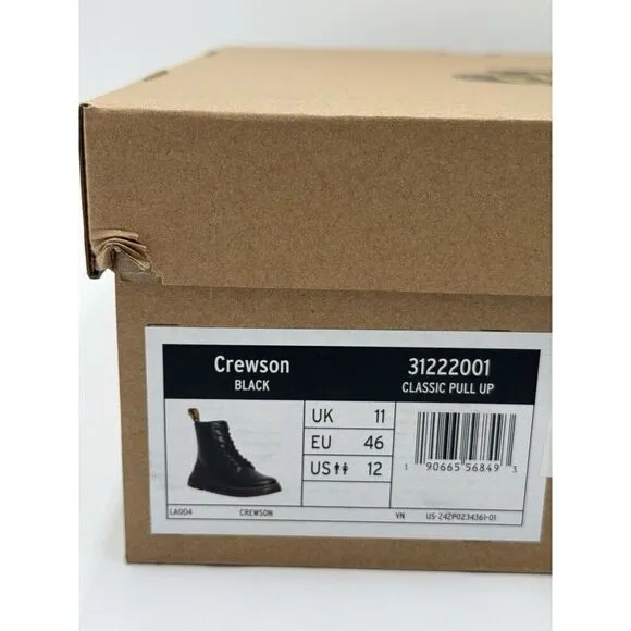 Dr. Martens Crewson Black Leather Lace-up Boots Mens Size 12 New with Box