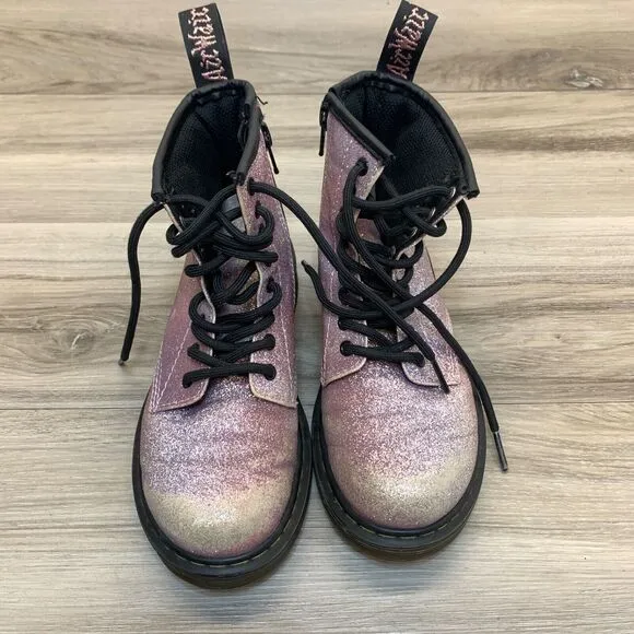 Dr. Martens Delaney Sparkly Combat Glitter Zip Lace Up Boots Kids Sz US 1 EU 32