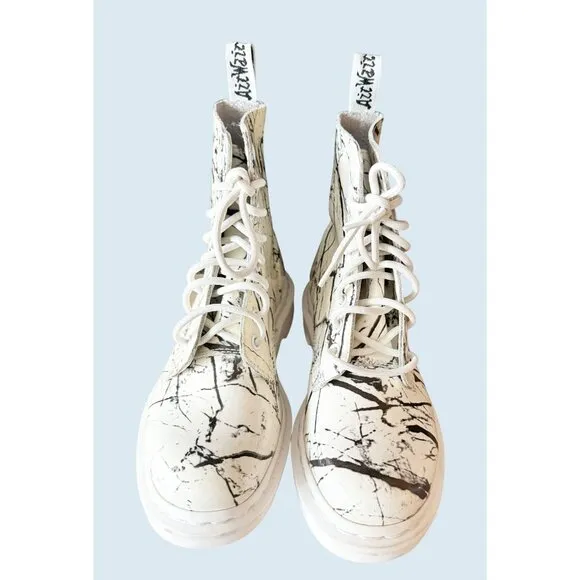 DR MARTENS Pascal Lace Up Combat Boots White Patent Marble Size 6