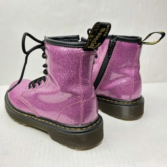 Dr. Martens Pink Glitter Combat Boots Girls 1 Side Zipper Barbie Steel EXCELLENT