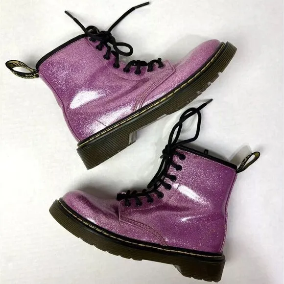 Dr. Martens Pink Glitter Combat Boots Girls 1 Side Zipper Barbie Steel EXCELLENT