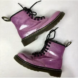 Dr. Martens Pink Glitter Combat Boots Girls 1 Side Zipper Barbie Steel EXCELLENT