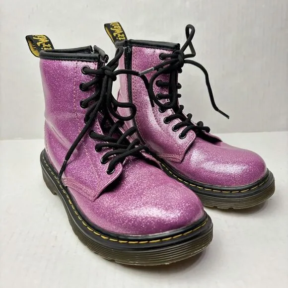 Dr. Martens Pink Glitter Combat Boots Girls 1 Side Zipper Barbie Steel EXCELLENT