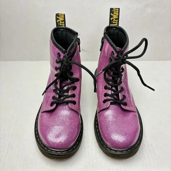 Dr. Martens Pink Glitter Combat Boots Girls 1 Side Zipper Barbie Steel EXCELLENT