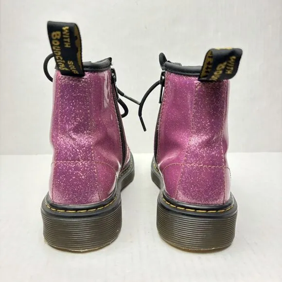 Dr. Martens Pink Glitter Combat Boots Girls 1 Side Zipper Barbie Steel EXCELLENT