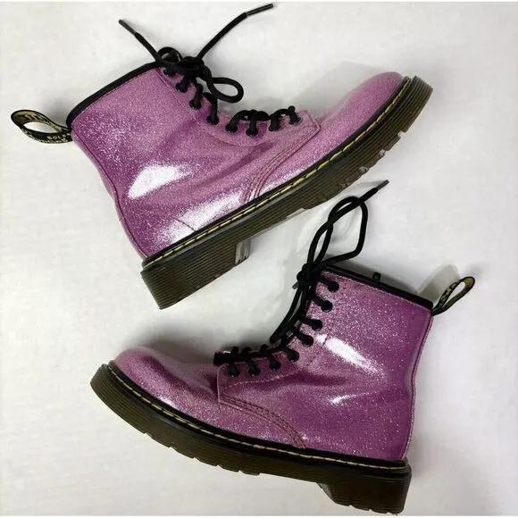 Dr. Martens Pink Glitter Combat Boots Girls 1 Side Zipper Barbie Steel EXCELLENT