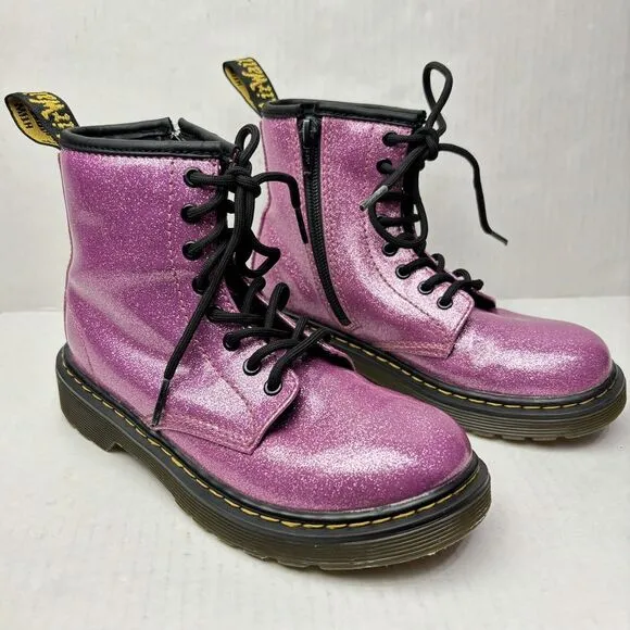 Dr. Martens Pink Glitter Combat Boots Girls 1 Side Zipper Barbie Steel EXCELLENT