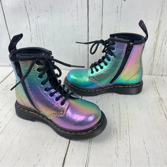 Dr. Martens Rainbow Crinkle Leather Lace-Up Boots Side Zip 1460 T