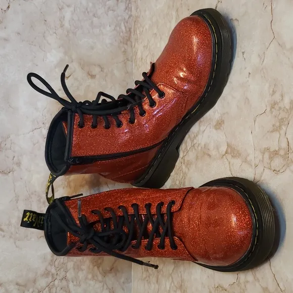 Dr. Martens red glitter zip and lace up combat youth boots size 3