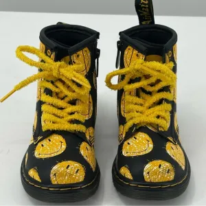 Dr Martens Toddler 1460 Smiley Hydro Leather Lace Up Boots Yellow Black Kids 8