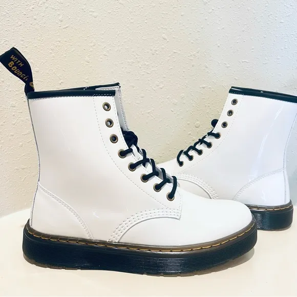 Dr. Martens Unisex Zavala White Patent Leather Combat Boots Sz 9 W 8 M NEW