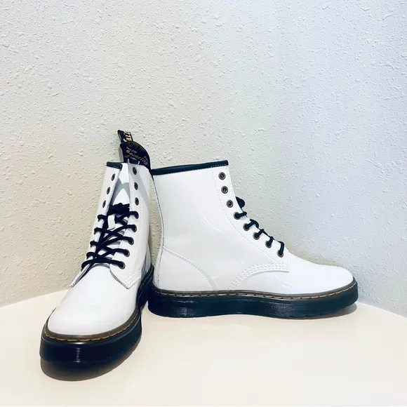 Dr. Martens Unisex Zavala White Patent Leather Combat Boots Sz 9 W 8 M NEW