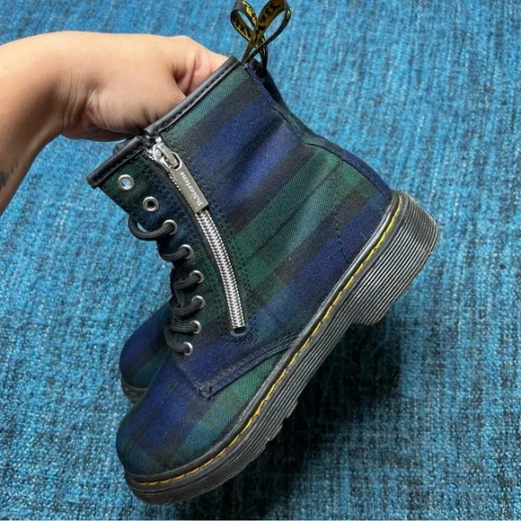 Dr. Martens Youth 1460 Zip J Tartan Plaid Lace Up Combat Boots in Blue Green