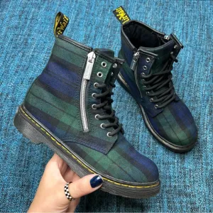 Dr. Martens Youth 1460 Zip J Tartan Plaid Lace Up Combat Boots in Blue Green