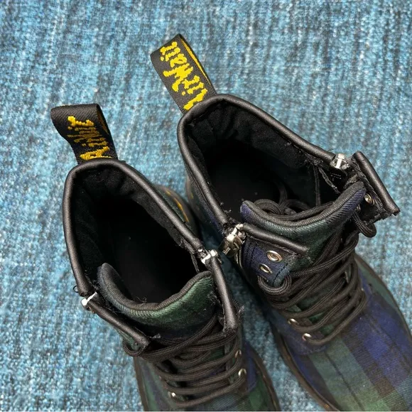 Dr. Martens Youth 1460 Zip J Tartan Plaid Lace Up Combat Boots in Blue Green