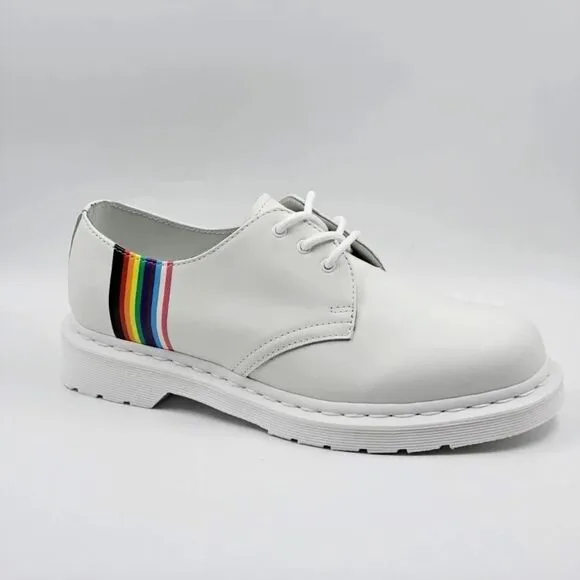 Dr. Martens Shoes Girls 4 White Leather w/Monochrome Rainbow Stripe Derby Oxford