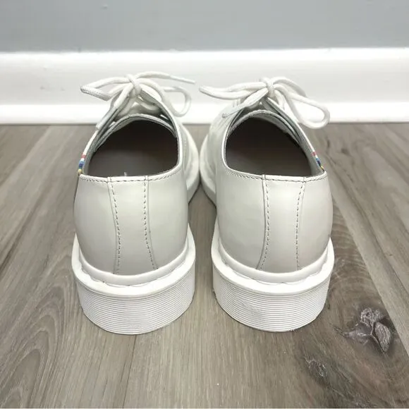 Dr. Martens Shoes Girls 4 White Leather w/Monochrome Rainbow Stripe Derby Oxford