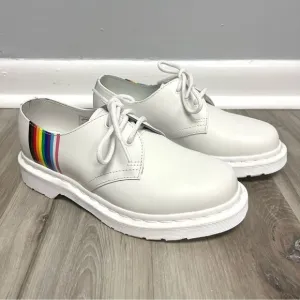 Dr. Martens Shoes Girls 4 White Leather w/Monochrome Rainbow Stripe Derby Oxford