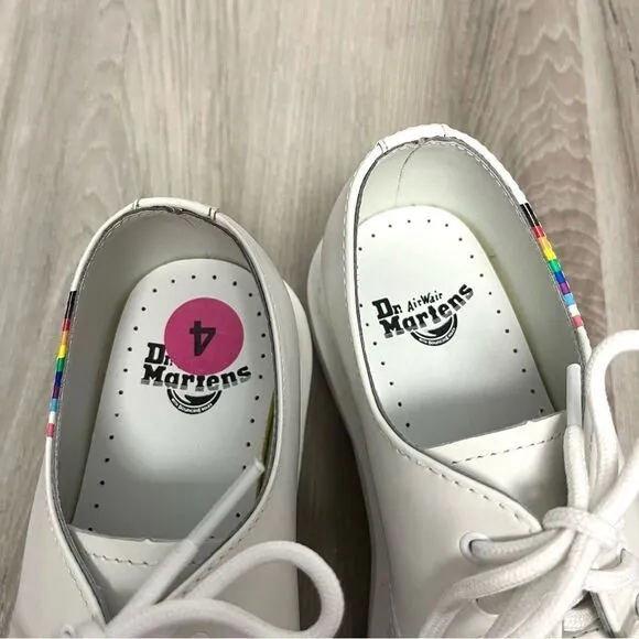 Dr. Martens Shoes Girls 4 White Leather w/Monochrome Rainbow Stripe Derby Oxford