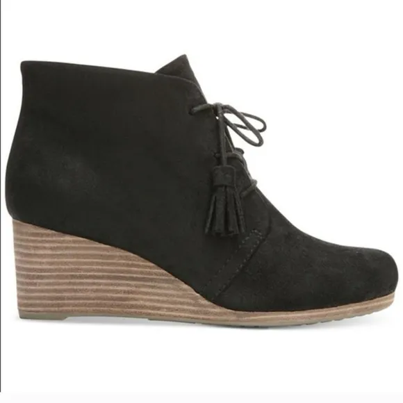 Dr. Scholl's Dakota Tassel Lace Up Comfort Wedges Black Fabric Vegan size 9 NWOT