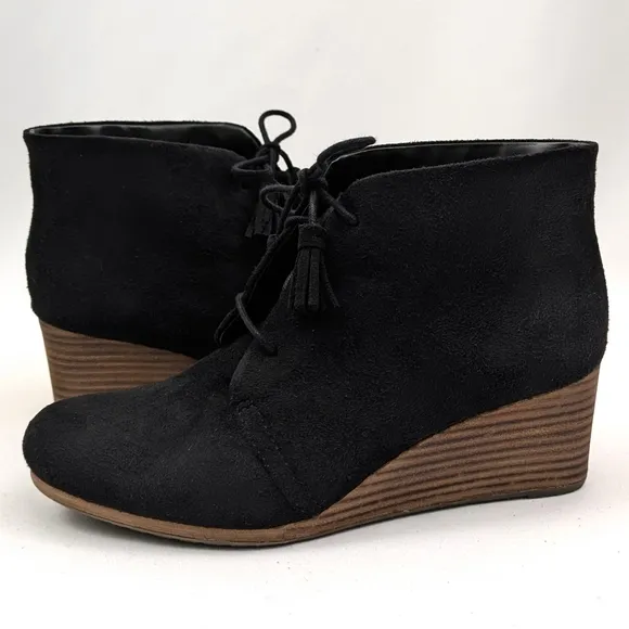 Dr. Scholl's Dakota Tassel Lace Up Comfort Wedges Black Fabric Vegan size 9 NWOT