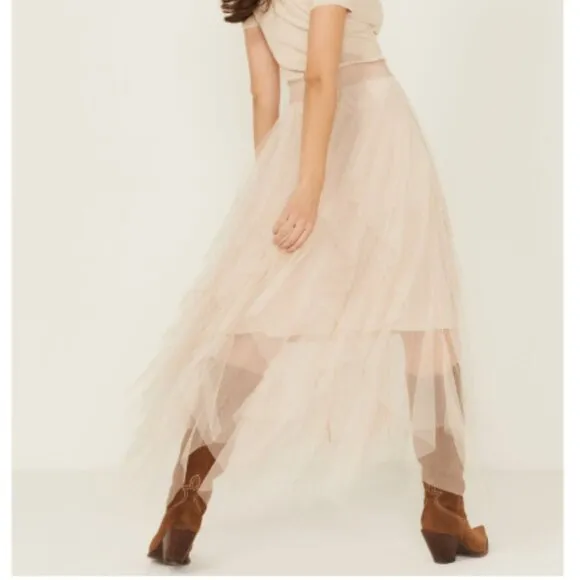 EASEL Fairy Tale Tiered Mesh Overlay Waterfall Lined Boho Maxi Ballerina Skirt
