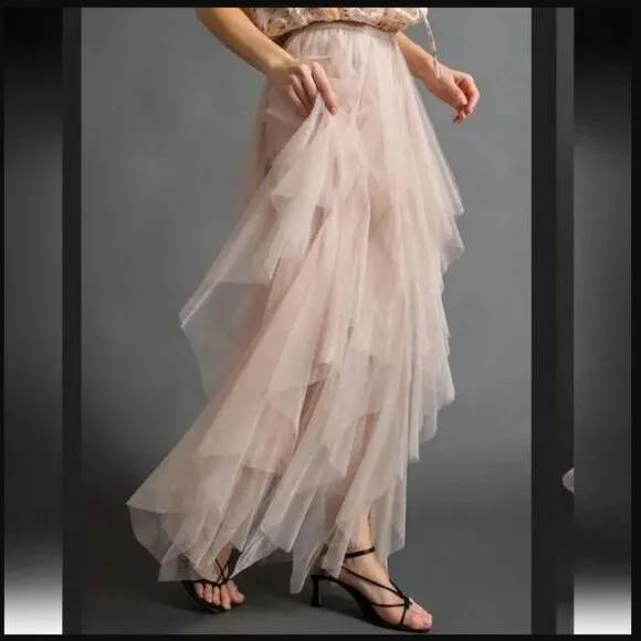 EASEL Fairy Tale Tiered Mesh Overlay Waterfall Lined Boho Maxi Ballerina Skirt