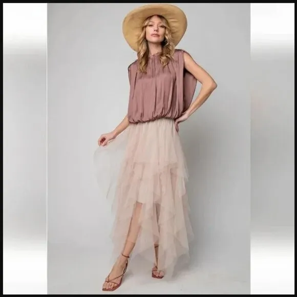 EASEL Fairy Tale Tiered Mesh Overlay Waterfall Lined Boho Maxi Ballerina Skirt
