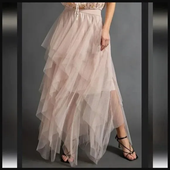 EASEL Fairy Tale Tiered Mesh Overlay Waterfall Lined Boho Maxi Ballerina Skirt