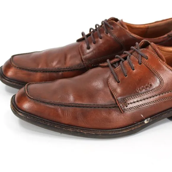 Ecco Brown Leather Lace Tie Almond Toe Derby 47 US 13.5 Wide Oxford Dress Shoes