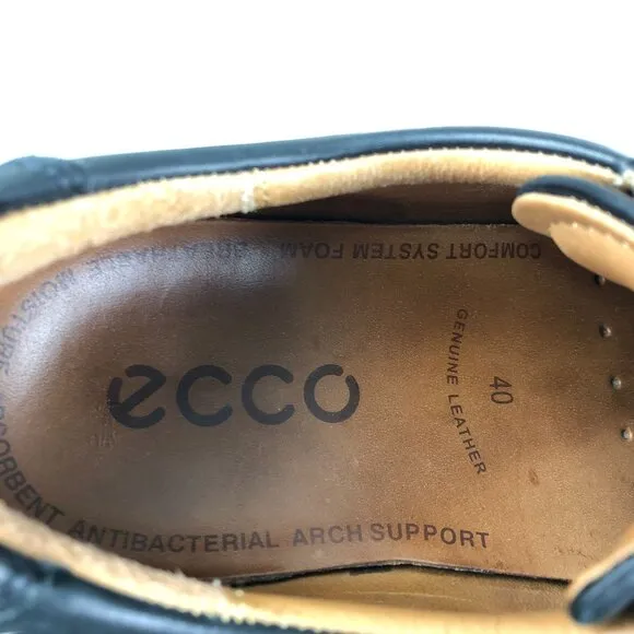 Ecco Men's Size 40 (6/6.5) Black Genuine Leather Arch Support Apron Derby Shoes