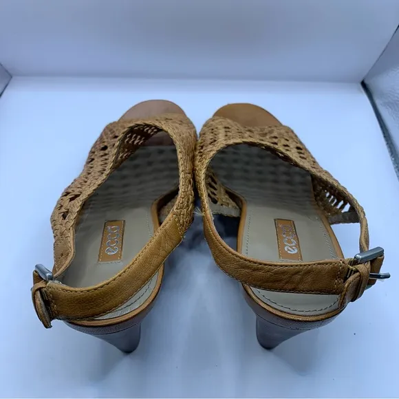 ECCO Wedges Sandals Woven Brown Open Peep Toe size 41