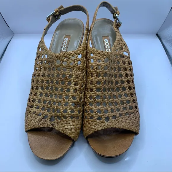 ECCO Wedges Sandals Woven Brown Open Peep Toe size 41