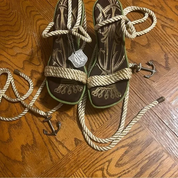 Ed Hardy By Christian Audgier Rope Lace Up Anchor Tattoo Art Wedges Sz 7 Y2K 90s